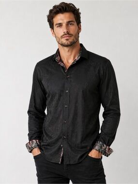 Au Noir Black Textured Button-Up Dress Shirt | Contrast Paisley Trim | Men’s M